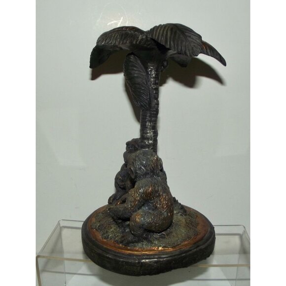 2 Monkies Figurine Under Palm Tree Statue 8" monkey bronze color chalk or resin? - Picture 4 of 9
